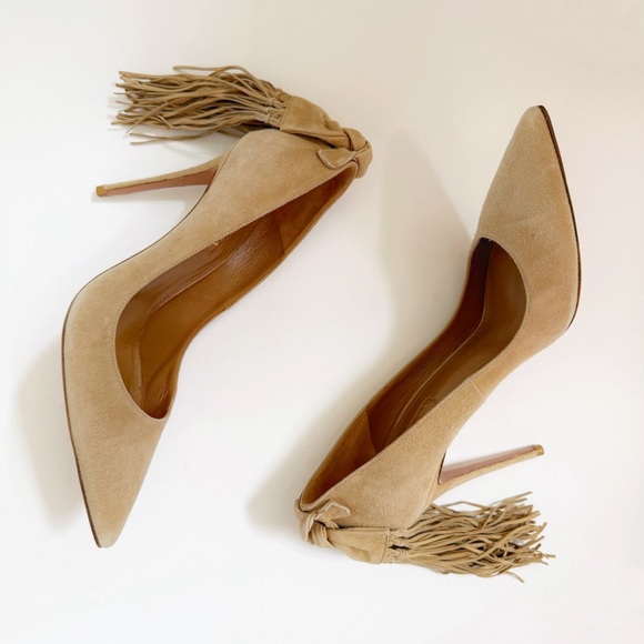 AQUAZZURA TAN CAMEL SUEDE HANGING FRINGE TIE KNOT POINTED TOE HIGH HEEL PUMPS - Picture 5 of 13